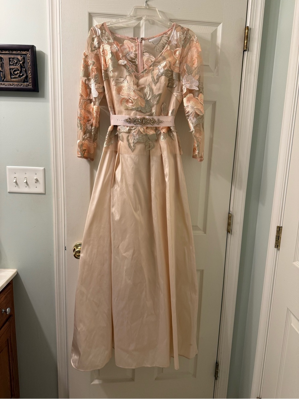 Adrianna Papell Floral Pale Peach Embroidered Long Gown